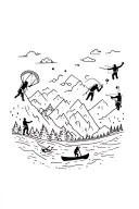 busy scene featuring little people fighting wildfire, rock climbing, skydiving, and canoeing. tattoo design idea
