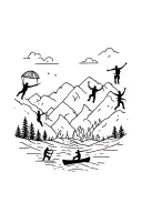 busy scene featuring little people fighting wildfire, rock climbing, skydiving, and canoeing. tattoo design idea