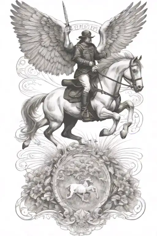 angel ride horse galloping through a field tattoo design idea