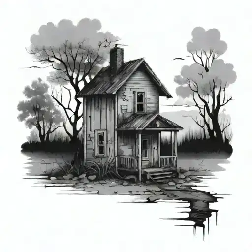 tiny abandoned house with a big 64 incorporated on it  tattoo design idea