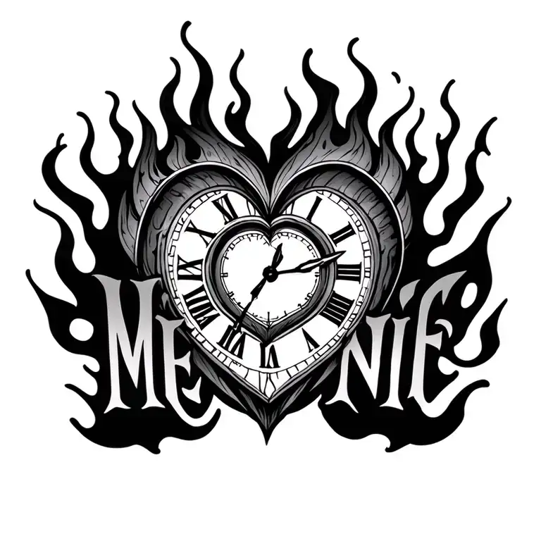 "Mélanie" clock heart in flame tattoo design idea