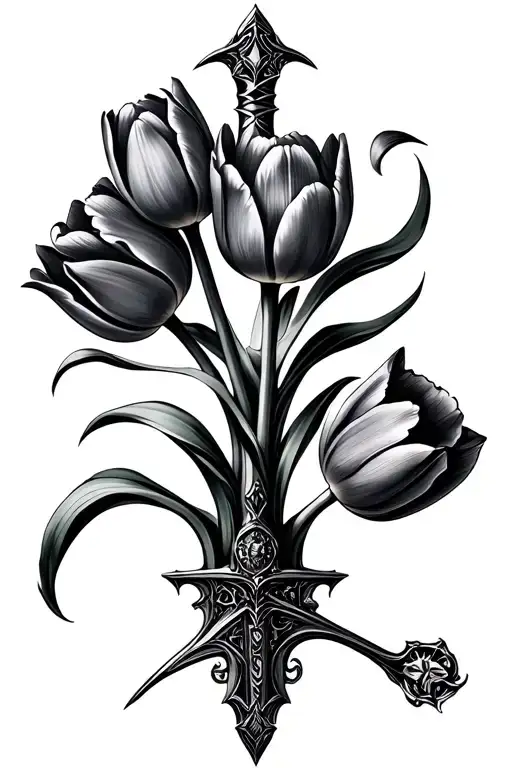 fancy sword with about 5 tulips on it some open some closed  tattoo design idea