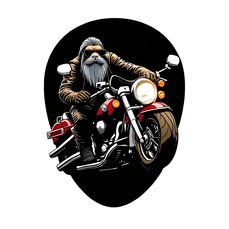 male walrus full body wearing riding leathers and sunglasses with a grey goatee riding a harley ultra limited tattoo design idea