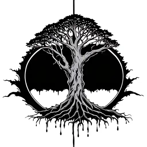 tree of life with roots, one side of tree is dead and dripping  tattoo design idea