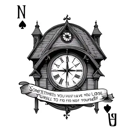 House of plain cards, with a clock face and compass with the words sometimes you have to lose yourself to find yourself  tattoo design idea
