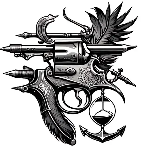 flintlock pistol, cutlass, quill pen, fouled anchor, hourglass tattoo design idea