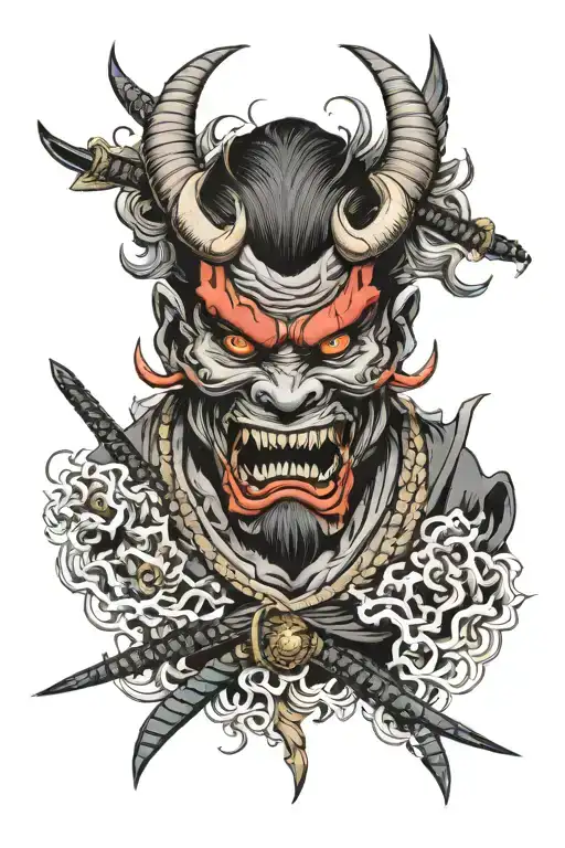 Oni mask samurai looking and animal characteristics sharp teeth head only facing me tattoo design idea