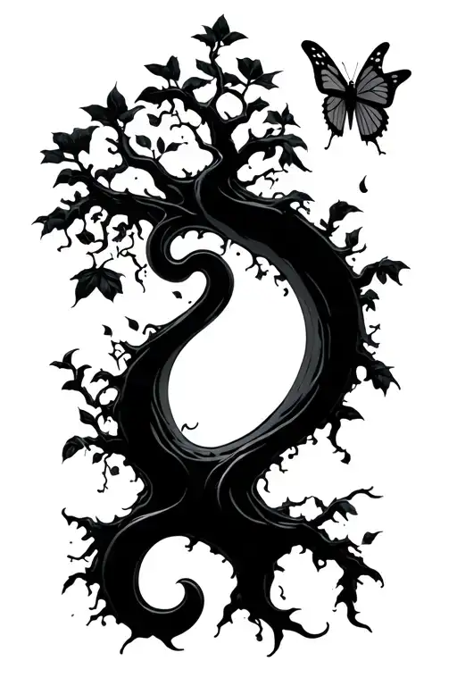 I want a poison tree in the shape of a semicolon with butterfly  tattoo design idea