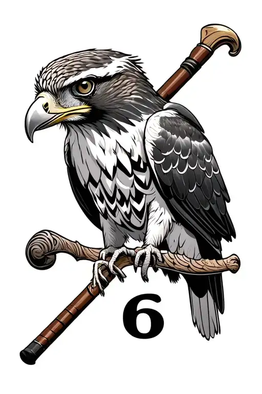 hawk with a cane and the number 6 tattoo design idea