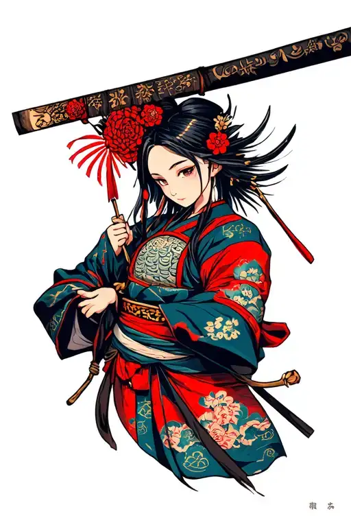 samurai girl holding tattoo design idea