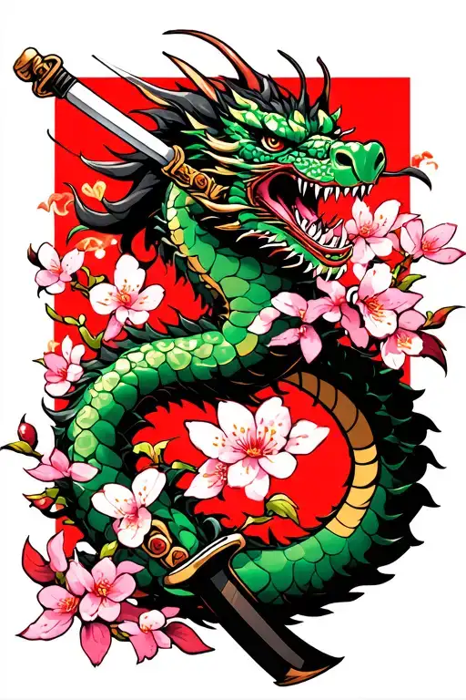 Cherry Blossom Japanese; anime, dragon, katana sword, shrine, tattoo design idea