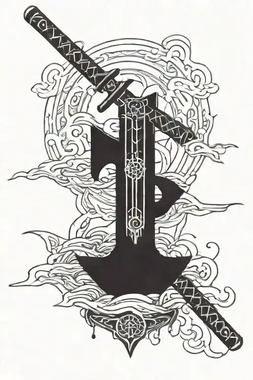 Lone Broken katana sword piercing stone tattoo design idea