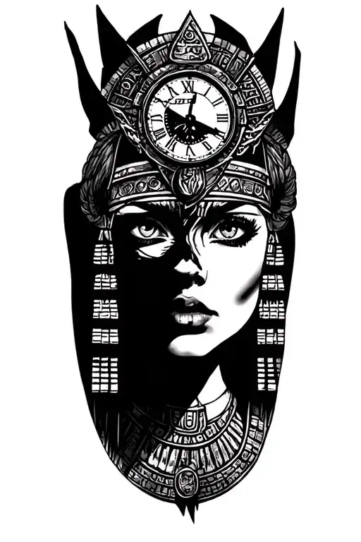 Aztec Warrior Girl With Technology With Egyptian God Anubis, Inka Symbolism, All Seing Eye and clock Tattoo tattoo design idea