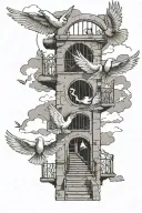 stair way open gates doves flying with a 3rd eye symbol integrated with clouds  tattoo design idea