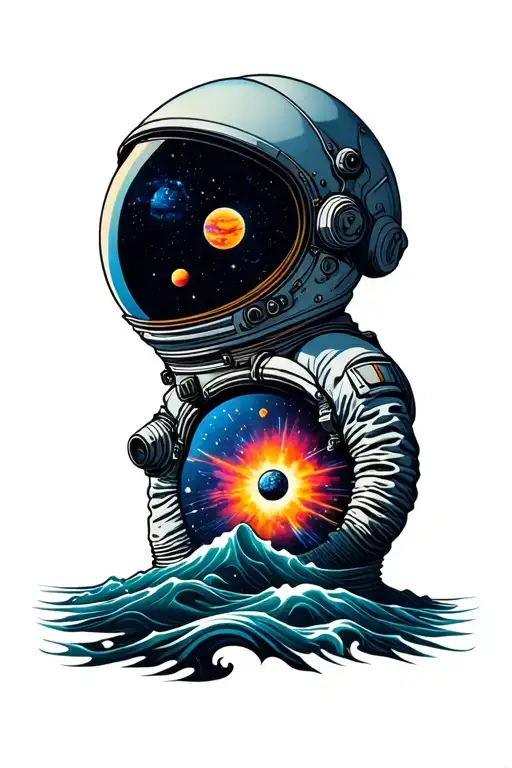 astronaut helmet with supernova explosion in reflection. background is sea of color with planets and waves of color. tattoo design idea