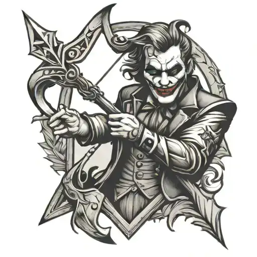 bow and arrow inside a playing card joker tattoo design idea
