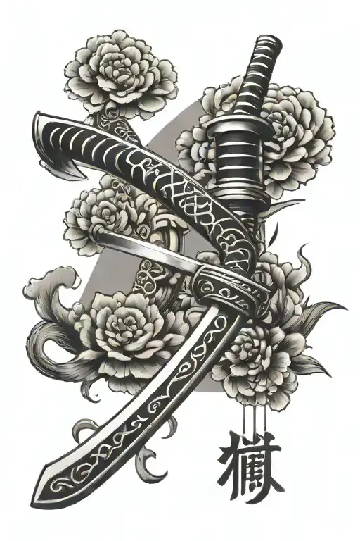 Japanese katana embedded with ikigai word written tattoo design idea