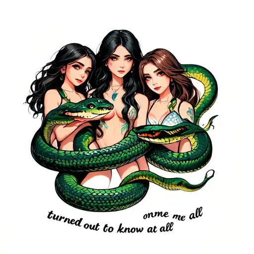 the text "turned out not to know me at all" with a group of 3 girl friends who are snakes tattoo design idea