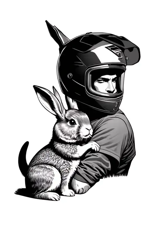 A man wearing a motorcycle helmet and hugging a rabbit. tattoo design idea