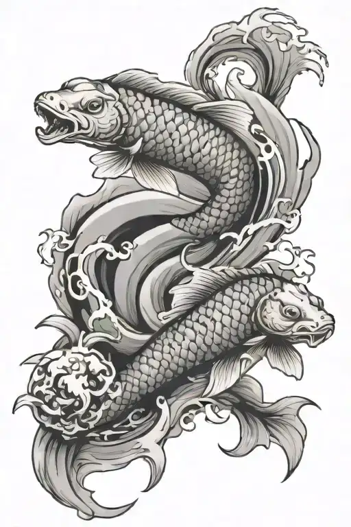 koi fish going up waterfall into dragon  tattoo design idea