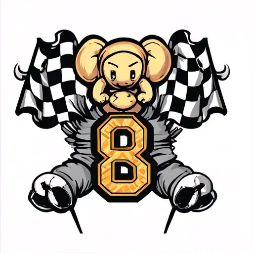 throat tattoo with ‘ Golden 9 child ‘ with checkered flags and a designed B on the shoulder with kaws designs also tattoo design idea