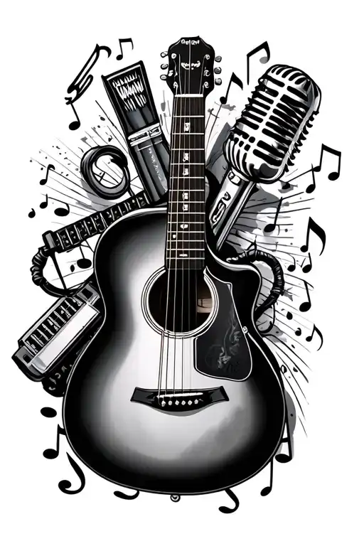 acoustic guitar, microphone, harmonica intertwined with musical notes tattoo design idea
