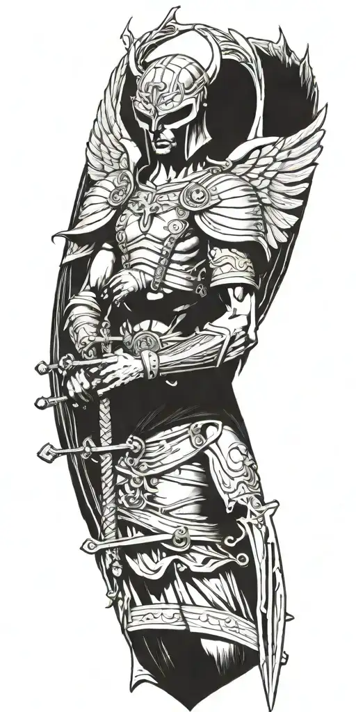 archangel with mask holding sword piercing ground with cross with scripture tattoo design idea