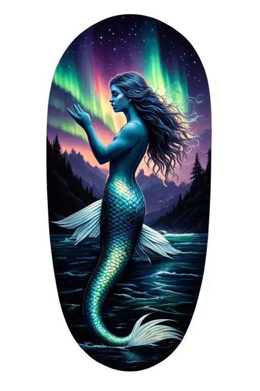Mermaid with hand reaching up to northern lights tattoo design idea