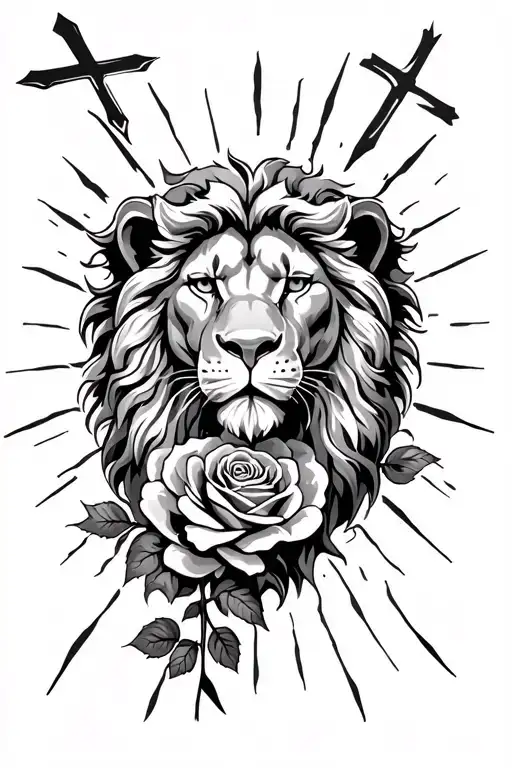 crosses, roses, lion head, light rays coming tattoo design idea