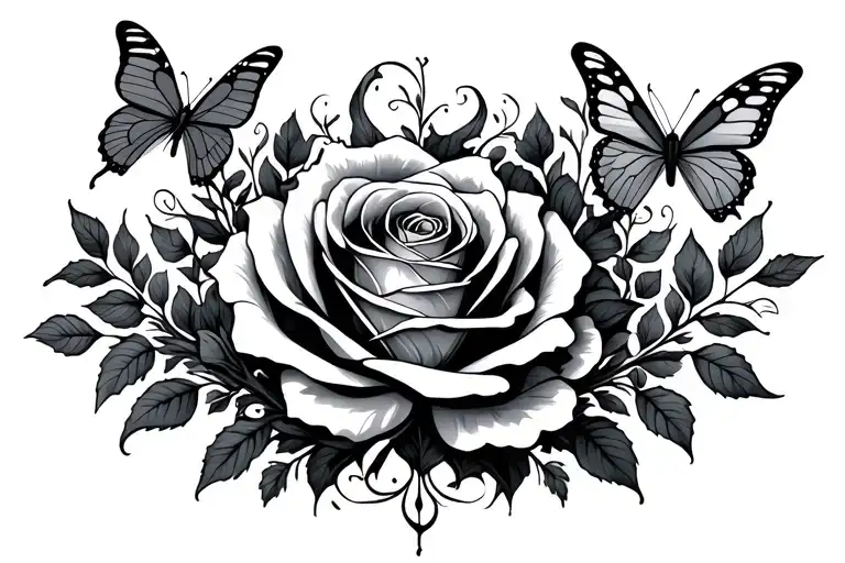 The “Even in Death” tattoo is a black and gray fine-line design featuring a large rose, flowing vines, butterflies, and  tattoo design idea