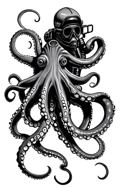Highly detailed octopus wrapped around a scuba diver in a mark 5 diving suit tattoo design idea