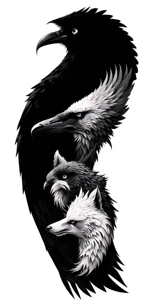 a sleeve with skoll and hati, hugin and munin, finrir and world srepent  tattoo design idea