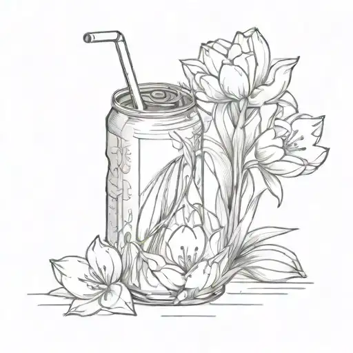 Coke can with tulip inside and a juice box with a lily inside tattoo design idea