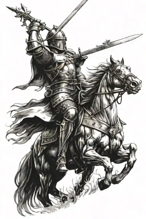 a knight with a sword and cavalry behind him tattoo design idea