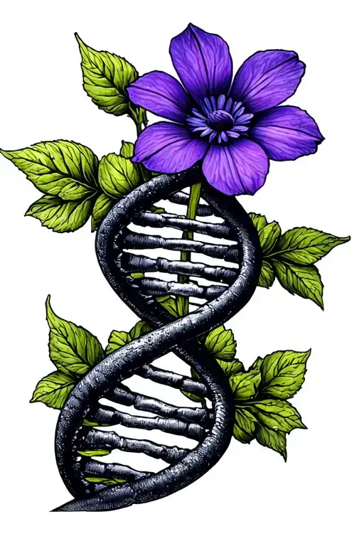 double helix dna strand with a Violet wild Flower (5 petals) and bean sprout intertwined on DNA strand. more minimalist  tattoo design idea