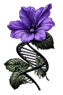 double helix dna strand with a Violet wild Flower (5 petals) and bean sprout intertwined on DNA strand. more minimalist  tattoo design idea