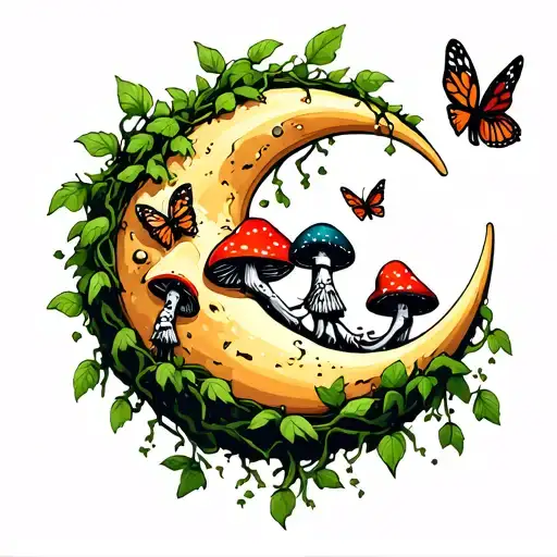 vine wrapped cresent moon with mushrooms growimg, butterflies around moon, voodoo doll holding onto tip of moon tattoo design idea