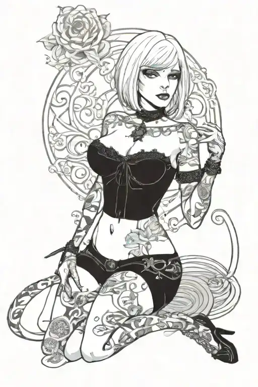 Sexy petite goth Woman with white short bob hairstyle, giant Boobs, Wide hips, G-String, Revealing bra, Full Body View tattoo design idea