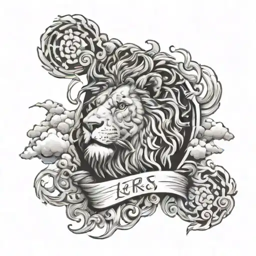 arm sleeve tattoo with the lord’s prayer on forearm surrounded by clouds a lion somewhere a fiery furnace with smoke and tattoo design idea
