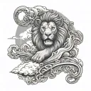 arm sleeve tattoo with the lord’s prayer on forearm surrounded by clouds a lion somewhere a fiery furnace with smoke and tattoo design idea