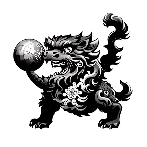 foo dog playing with Japanese ball tattoo design idea