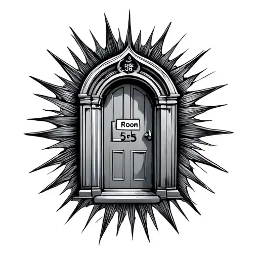 Door with room number as 555 with sun rays around the door tattoo design idea