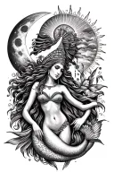 moon, sun, cleopatra, venus and siren mermaid tattoo design idea