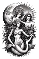moon, sun, cleopatra, venus and siren mermaid tattoo design idea