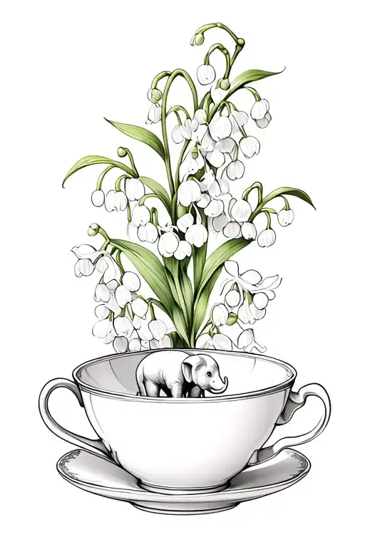 Lily of the valley flowers and sweet William flowers wrapped around a teacup with an elephant on it tattoo design idea