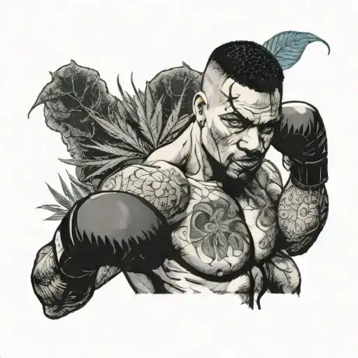A portrait of a fighter with a cannabis leaf tattooed on their neck, surrounded by boxing gloves tattoo design idea