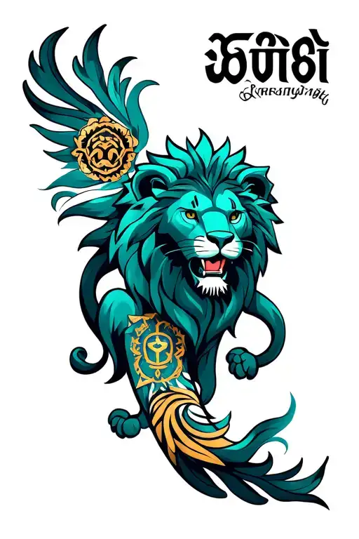 a forearm band where front a 3d mandala art then back of fore arm a lion with virogi symbol tattoo design idea