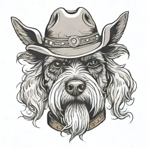 salt and pepper schnauzer with cowboy hat and brown eyes and a collar looking with smoke tattoo design idea