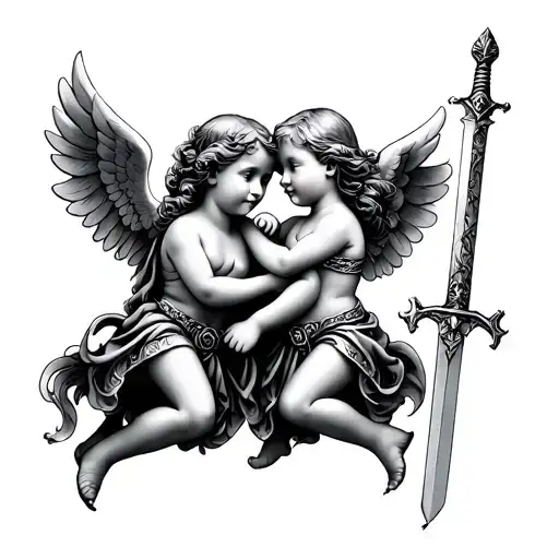 sister and brother cherub with swords tattoo design idea