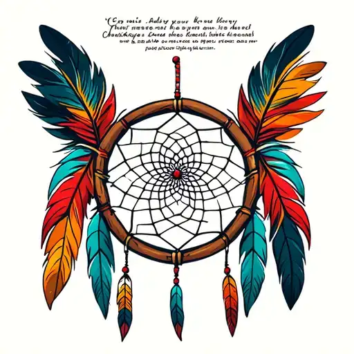 Cherokee Indian dream catcher Entangled in with a Cherokee colored feather writing under it, saying, Flyhi, Justin tattoo design idea